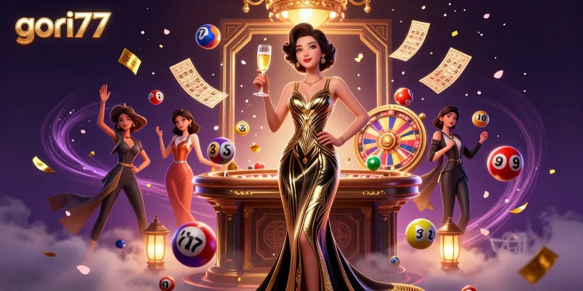 Engage with gori77's captivating gaming atmosphere featuring a sophisticated Asian woman celebrating wins amid lottery elements.