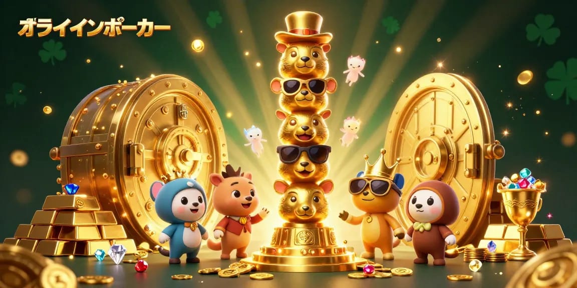 オンラインポーカーを楽しむキャラクターたちが集まる華やかなカジノの風景