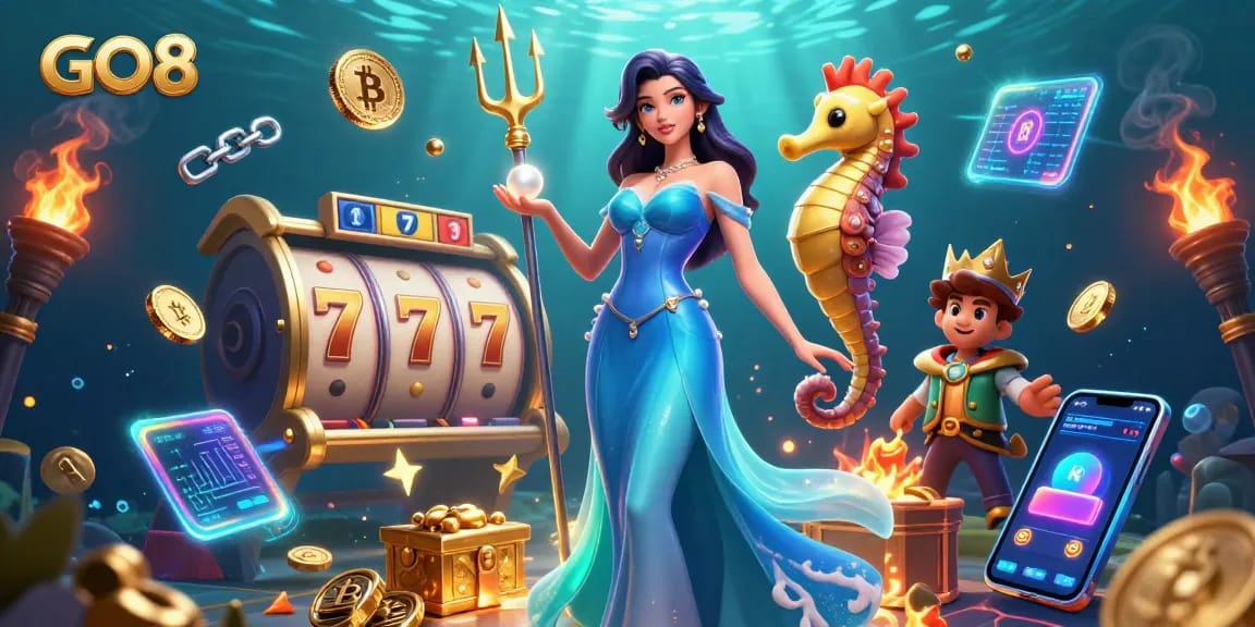 Engage in thrilling gameplay at GO8, showcasing a stunning underwater casino scene with vibrant characters and elements.