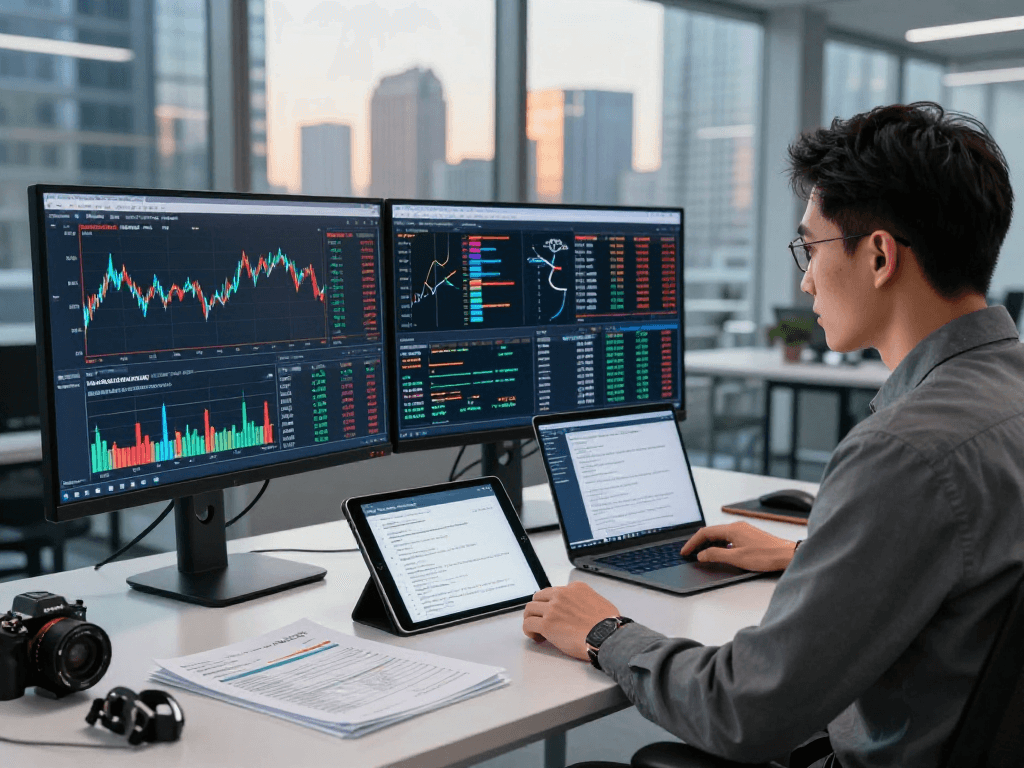 Developer analyzing natural gas futures Kline API data in a high-tech trading environment with multiple monitors in 2026.