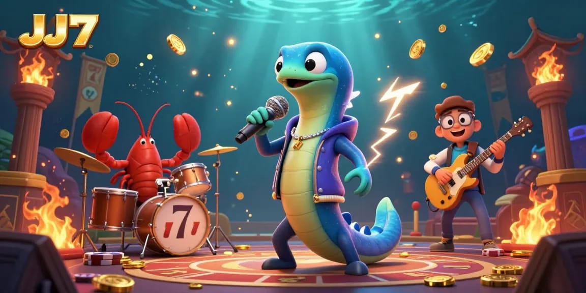 Experience electrifying wins with JJ77 in this vibrant underwater casino scene featuring a live DJ!