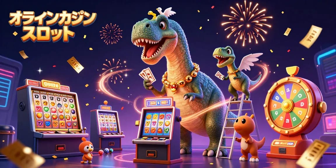 オンラインカジノ スロットをテーマにした3Dカジノイラストでスロットリールやラッキー7が描かれています。