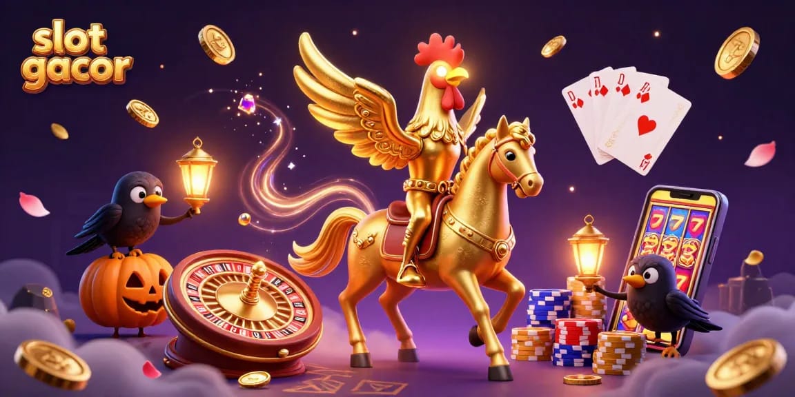 Play exciting slot gacor games amid a vibrant, enchanting casino scene featuring dynamic characters and rich visuals.