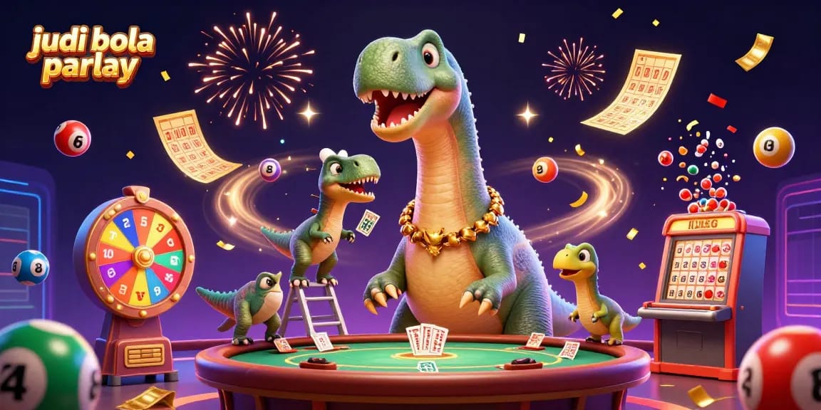 Engage in judi bola parlay with dynamic lottery balls and festive casino elements all around.