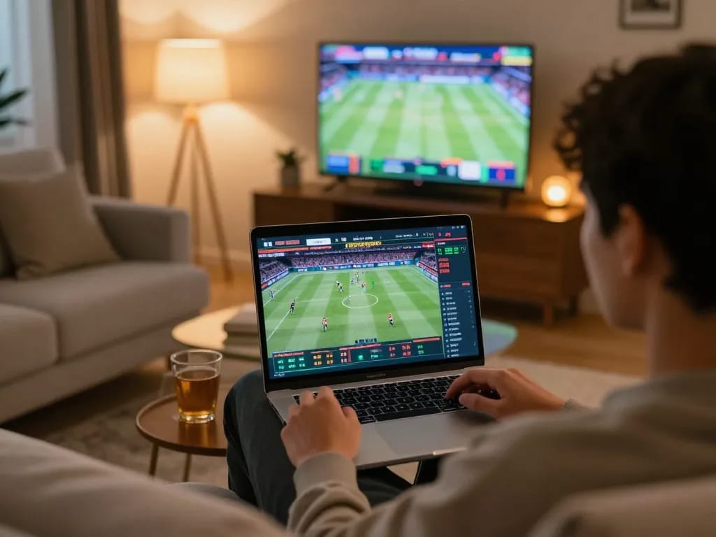 Xoilac user placing sports bets online while analyzing live game data in a cozy home environment