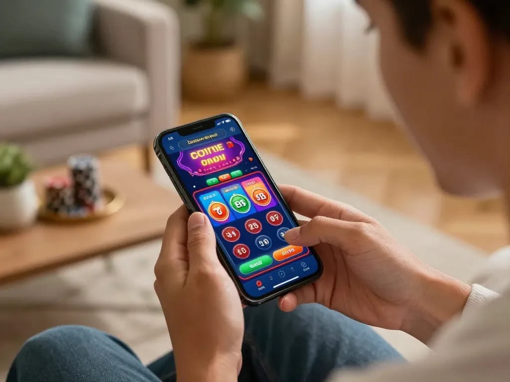 DH88 user placing bets on a vibrant casino app in a cozy home setup, highlighting online gambling.