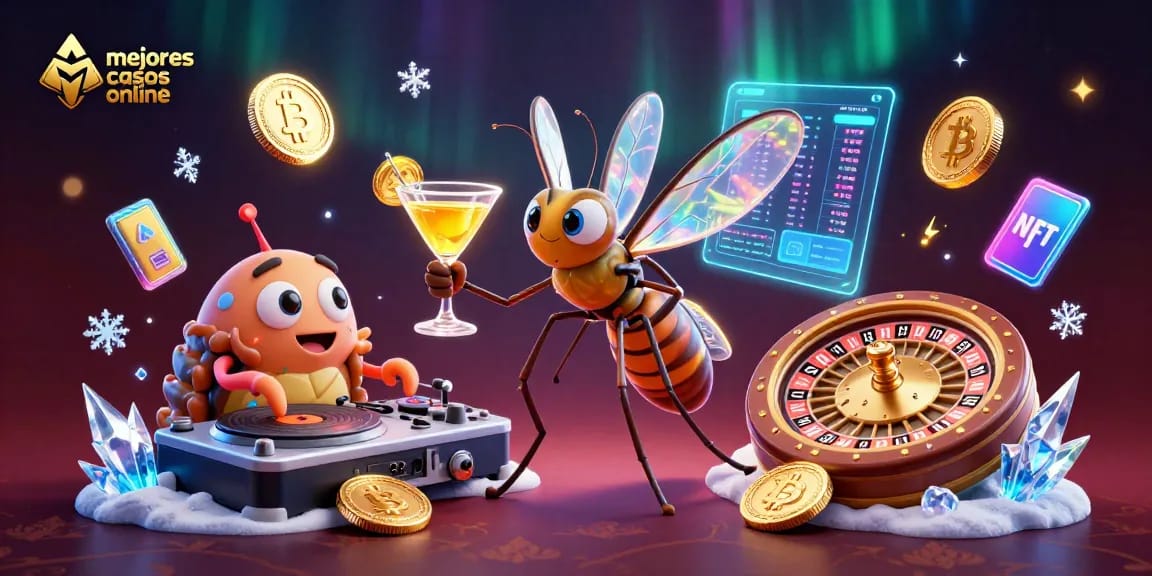 Descubre los mejores casinos online gracias a una ilustración creativa que muestra un mosquito como mascota y un DJ trilobite.