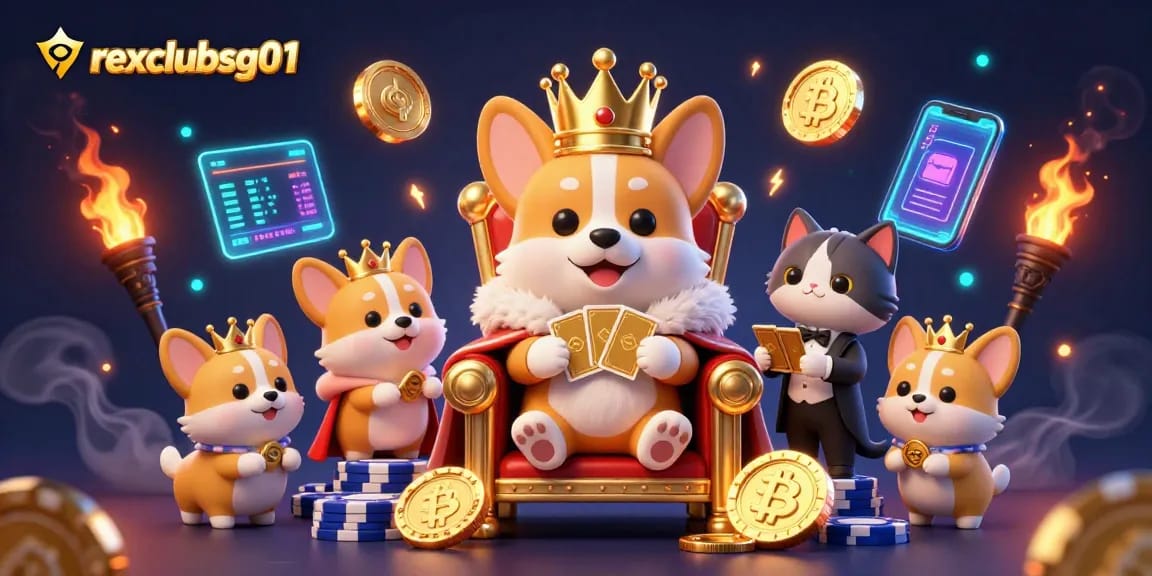 Spin and win with rexclubsg01 as corgis delight in a golden poker throne surrounded by crypto coins.