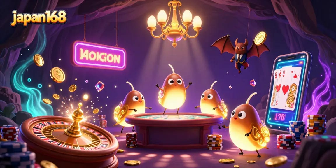 Win big with the vibrant scene of japan168's casino filled with glowworms, coins, and spinning roulette.