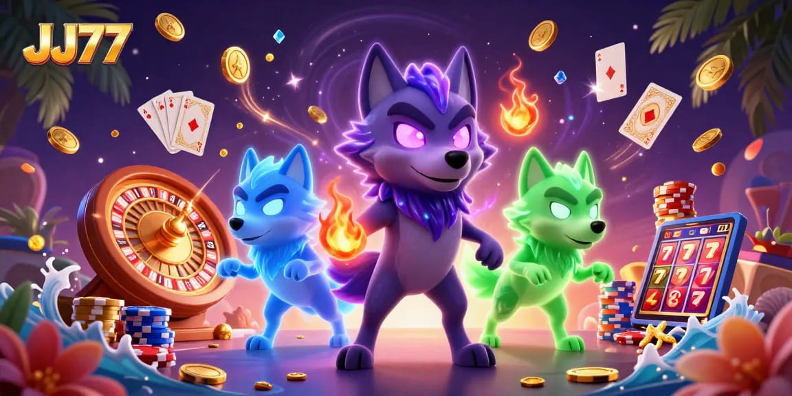 Winning big at JJ77 casino with a vibrant, dynamic illustration of wolves and casino elements.