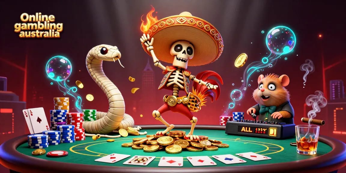 Experience vibrant online gambling australia scene with cartoon characters, poker elements, and gold coins.
