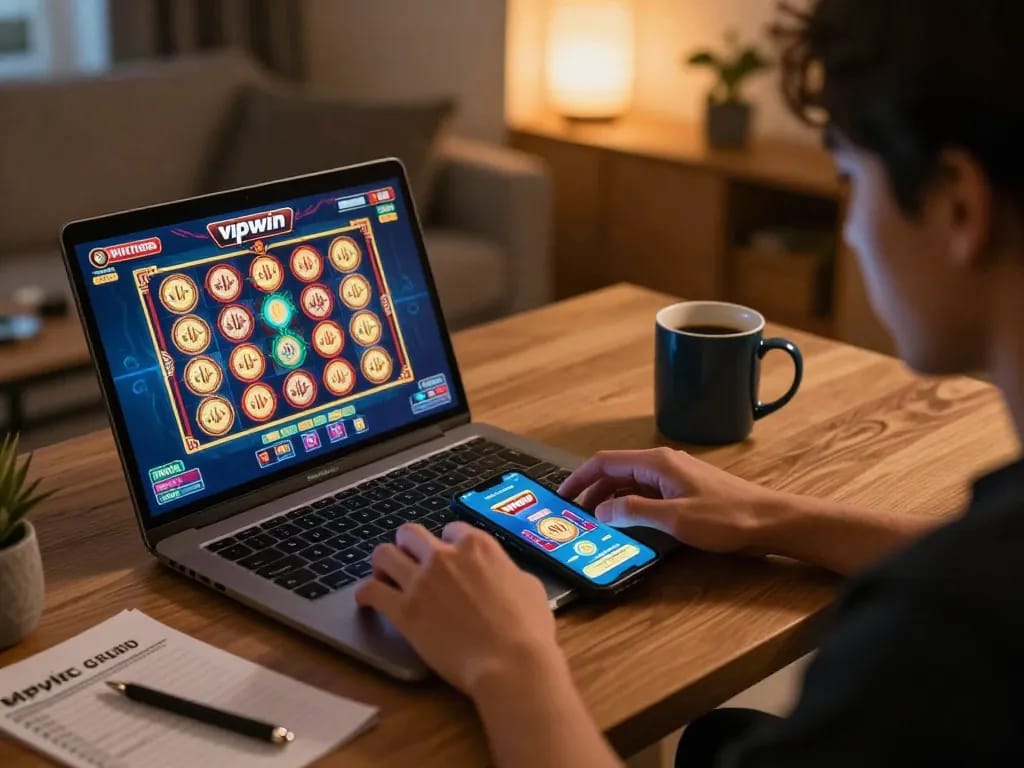 Engaging gameplay on vipwin casino app from a cozy home setup, showing dynamic gaming on laptop and smartphone