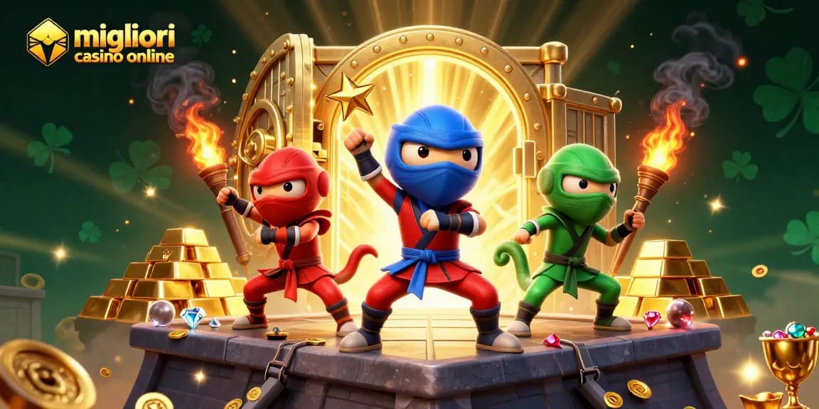 Scopri i migliori casino online con tribù di ninja camaleonti in un'illustrazione 3D ricca di azione.