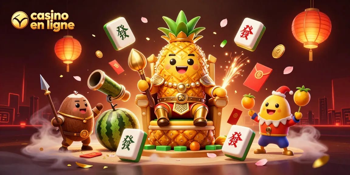 Jouer au casino en ligne avec le roi ananas entouré de gardes de noix de coco et des éléments festifs.