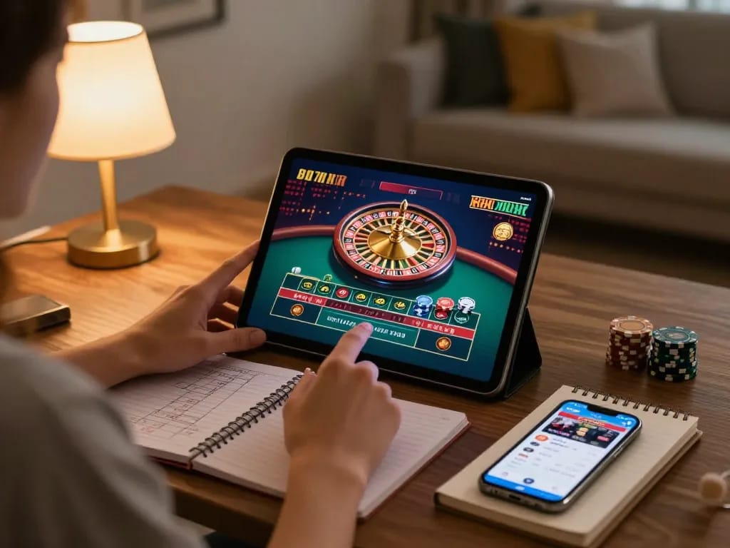 Join Nhà cái Jun88 online, enjoying live roulette gameplay on a tablet in a cozy home setting.