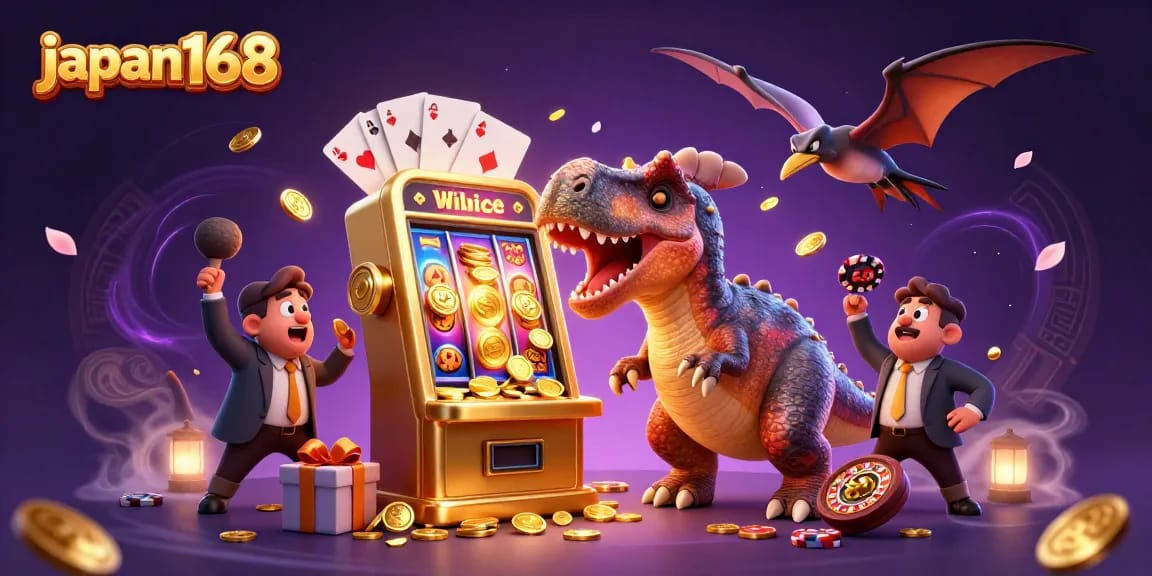 Engage in thrilling casino action with japan168 as a dinosaur hits a slot machine for jackpots.