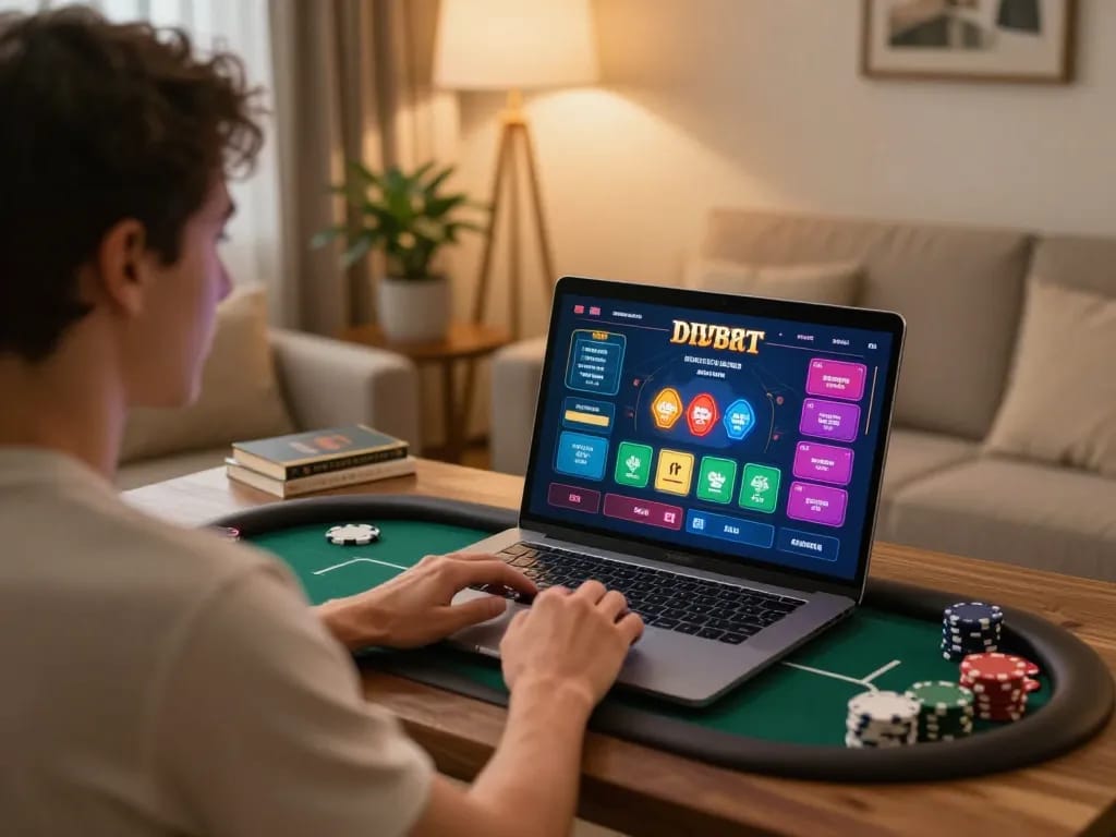 Player engaging with 789bet online casino at home, showcasing a live dealer game and cozy ambiance.