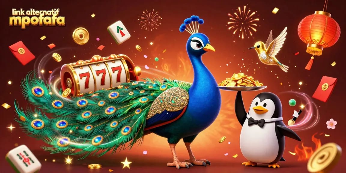 Engage with a vibrant casino scene as link alternatif mpofafa showcases spinning slot reels and festive characters.