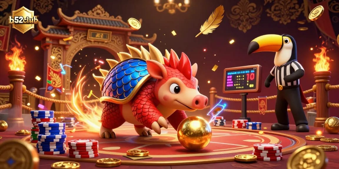 Experience thrilling gameplay at b52club with dynamic pangolins rolling golden balls amidst poker chips.