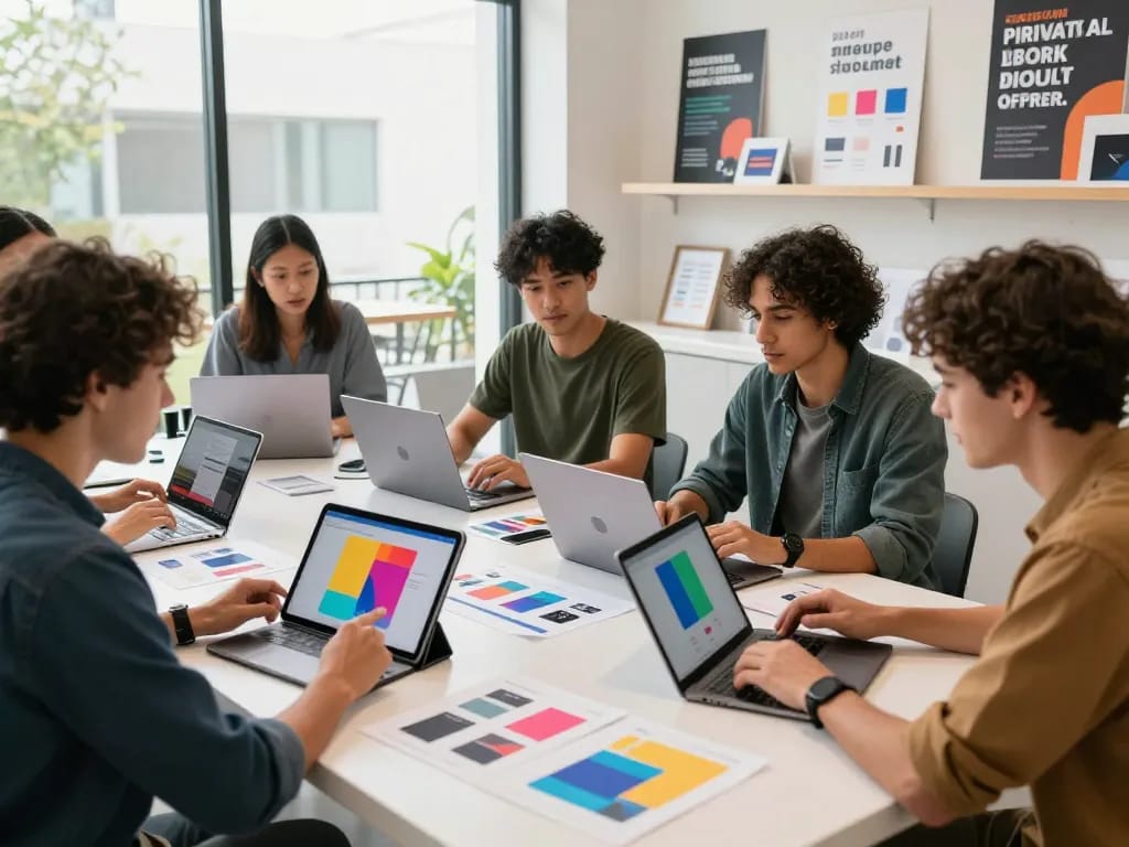 Buy Private Label Rights Products in a vibrant e-commerce setting with entrepreneurs collaborating and reviewing digital items.