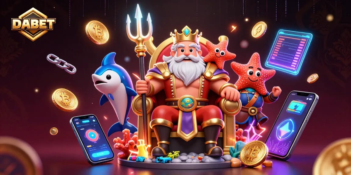 DABET promotes crypto gaming excitement with Neptune and samurai in a vibrant casino scene.