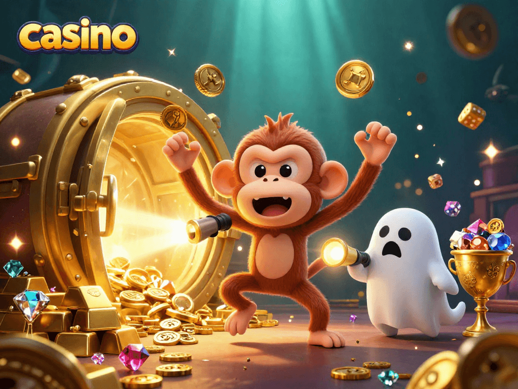 Engaging casino scene showcasing a mischievous poltergeist monkey juggling gold while a curious puppy hunts ghosts.