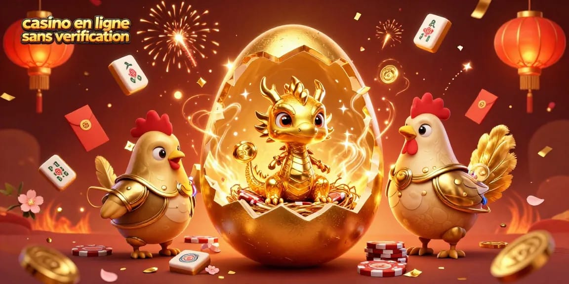 Profitez du casino en ligne sans vérification avec une illustration colorée et festive de dragons et de jetons.