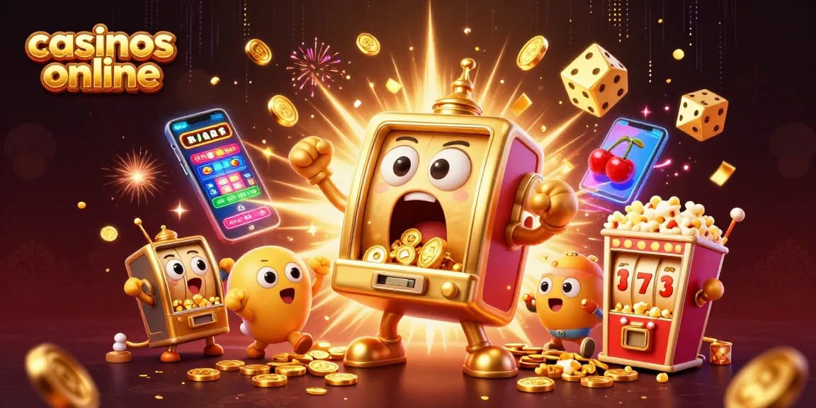 Gana premios en casinos online con la máquina tragaperras dorada que explota en monedas y símbolos.