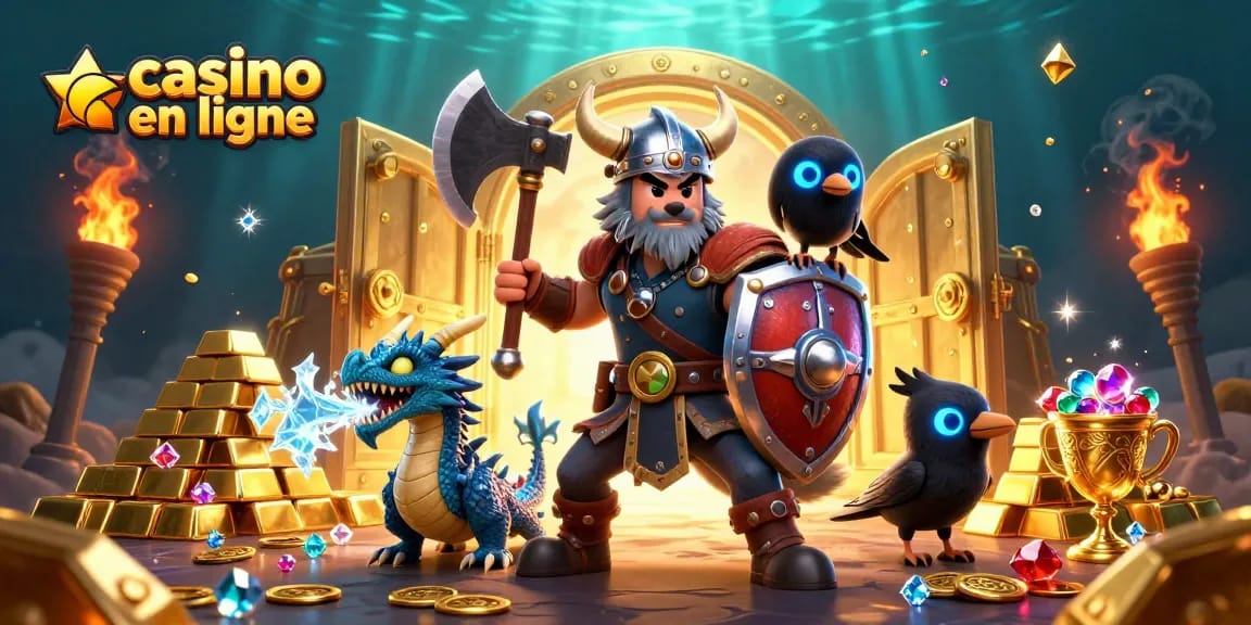 Vivez l'expérience excitante du casino en ligne avec un guerrier viking et un dragon dans un décor riche en trésors.