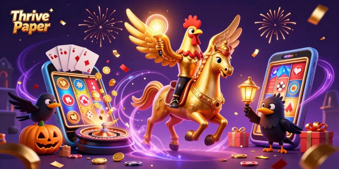 Join the casino excitement with Thrive Paper as a golden rooster and friends light up the night!