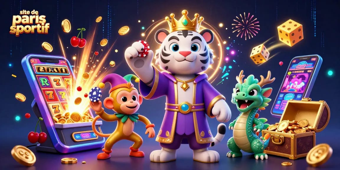 Pariez sur le site de paris sportif avec des personnages de casino illustrés animés et des symboles de jeu dynamiques.