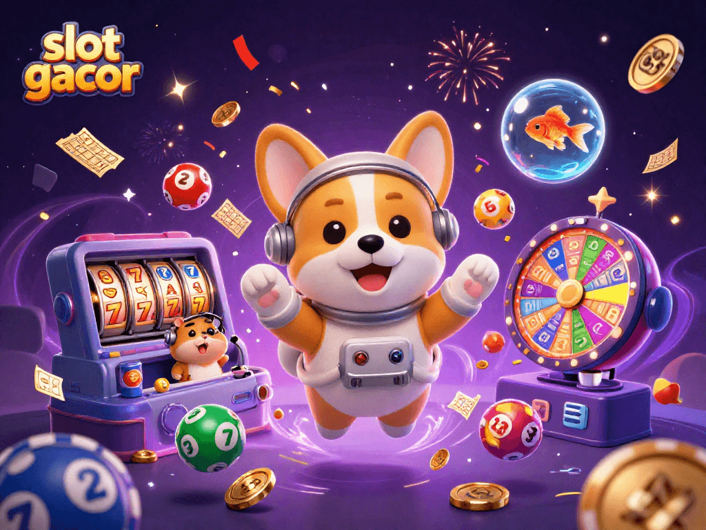 Join the slot gacor adventure with an astronaut corgi and vibrant casino elements floating in space.