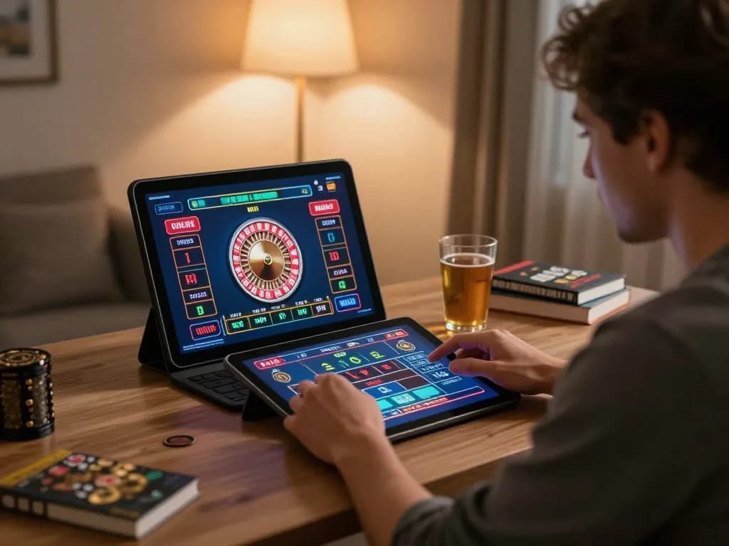 Engaging in online gaming at LC88 with a live dealer setup while analyzing strategies.