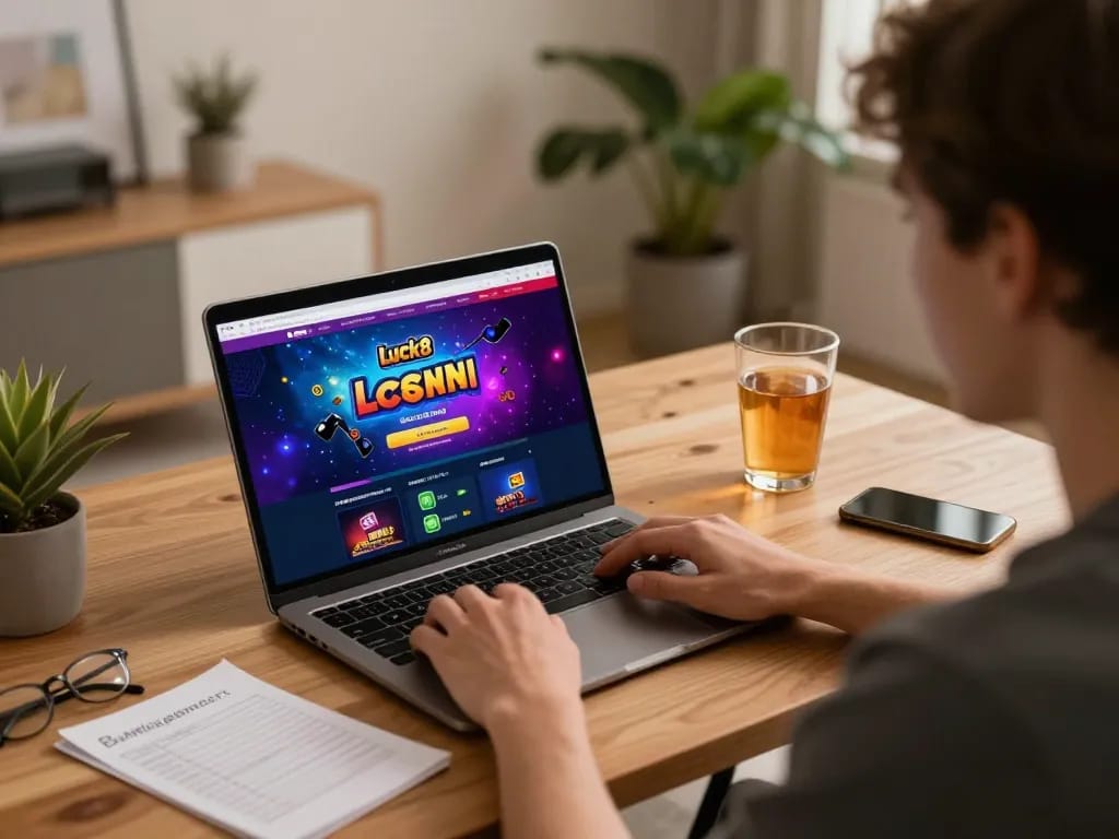 Engaged player using luck8 for online casino gaming at home, surrounded by strategy notes.