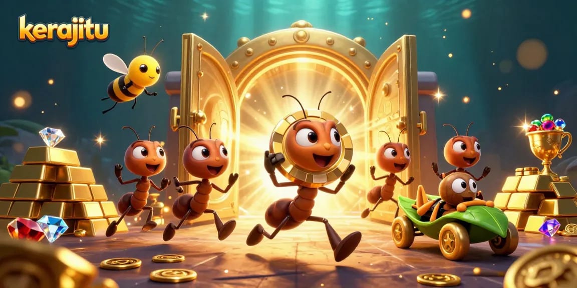 Join the kerajitu heist with ants, poker chips, and dazzling treasures in this vibrant casino scene.