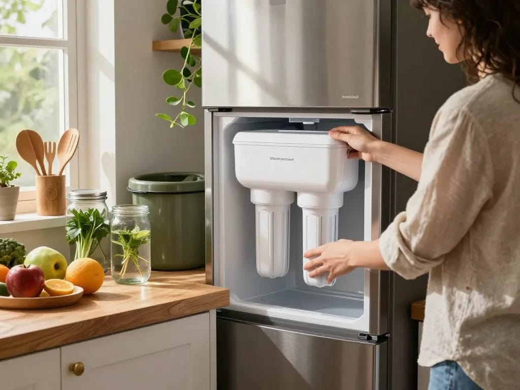 Person installing Waterspecialist DA29-00003G Refrigerator Water Filter in a sustainable kitchen setting.