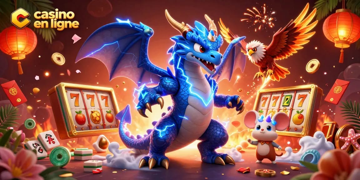Visualisez le monde captivant du casino en ligne avec une illustration dynamique, incluant des dragons et des éléments de jeu.