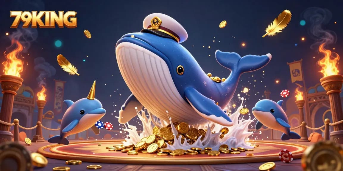 Experience the thrilling gameplay at 79KING with a magical scene featuring a playful whale, narwhal, and dolphins.