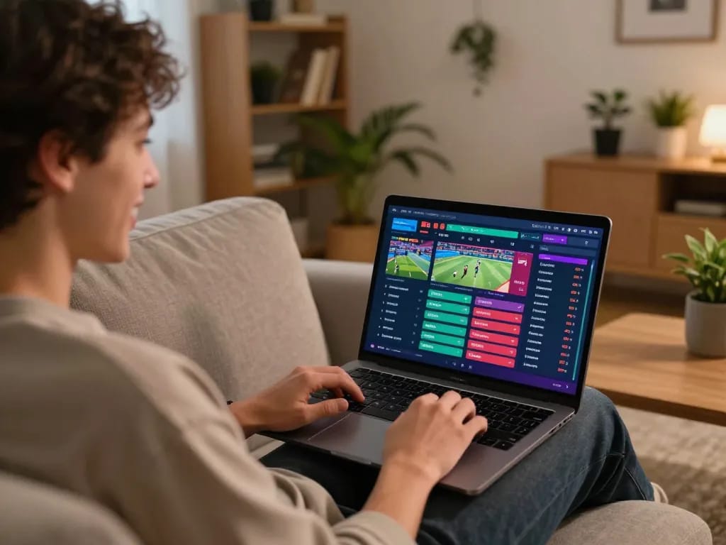 Persona che utilizza una piattaforma di scommesse online siti non AAMS, analizzando le quote sportive da un laptop su un comodo divano.