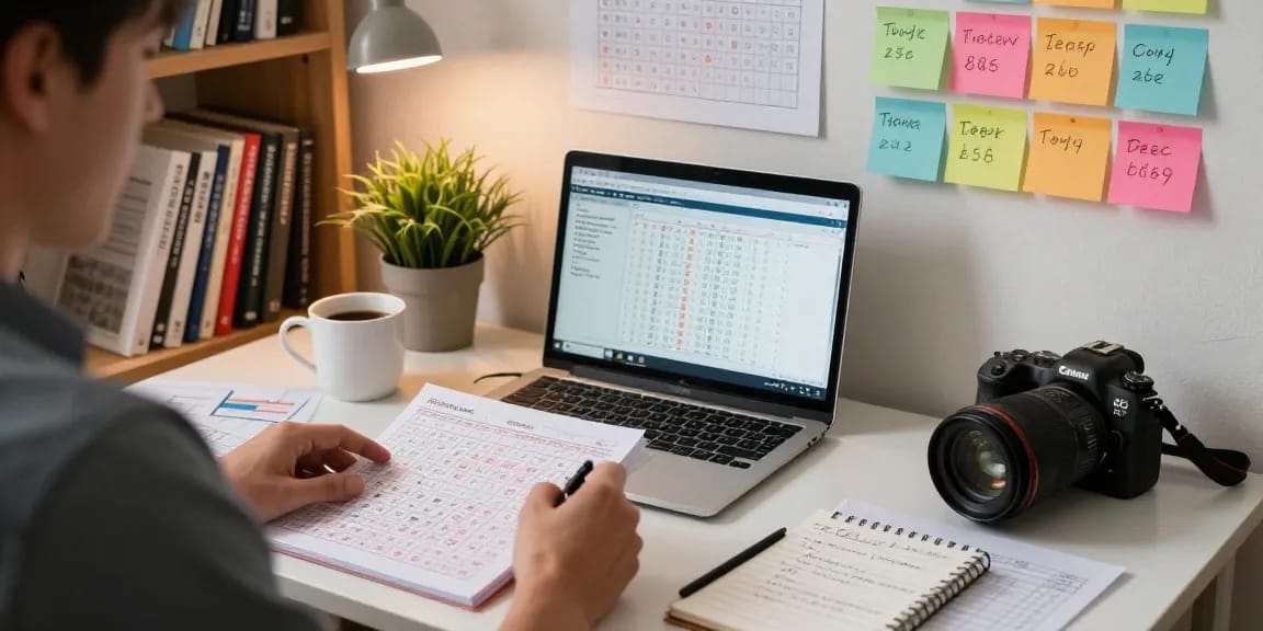 Seorang ahli nomor rejeki menganalisis pola togel dengan catatan dan grafik di meja kerja.