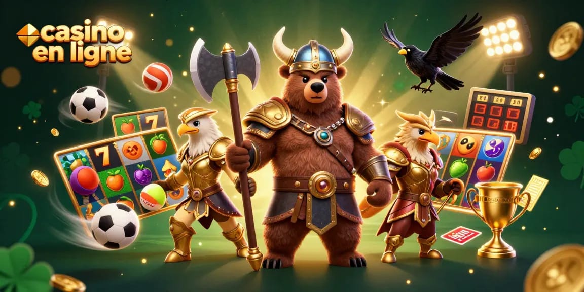 Jeux de casino en ligne avec un ours viking et une aigle valkyrie, symboles de jackpot.