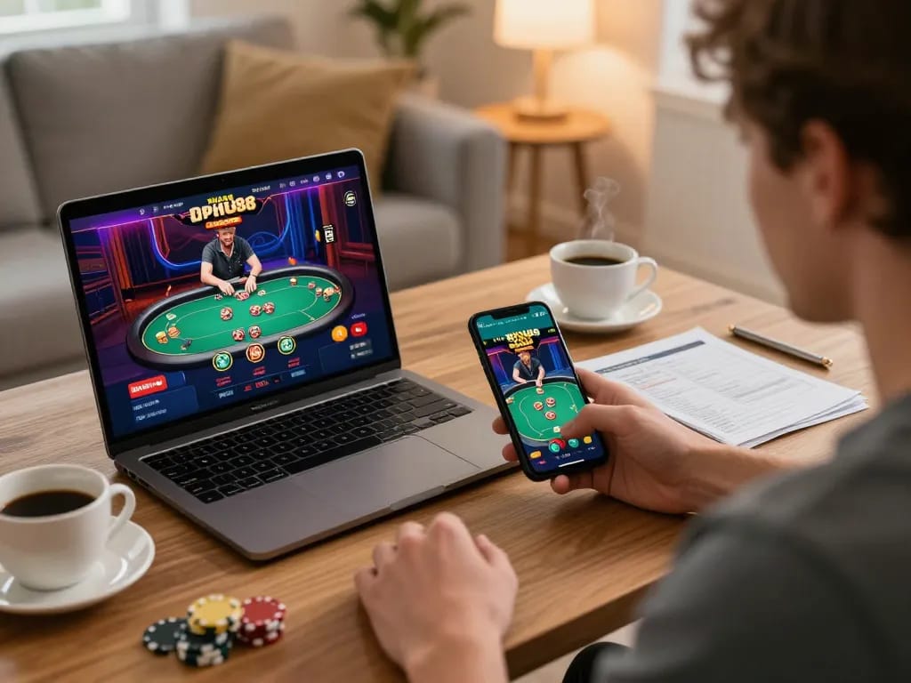 Engaging in online poker at open88 with laptop and smartphone in cozy home setting