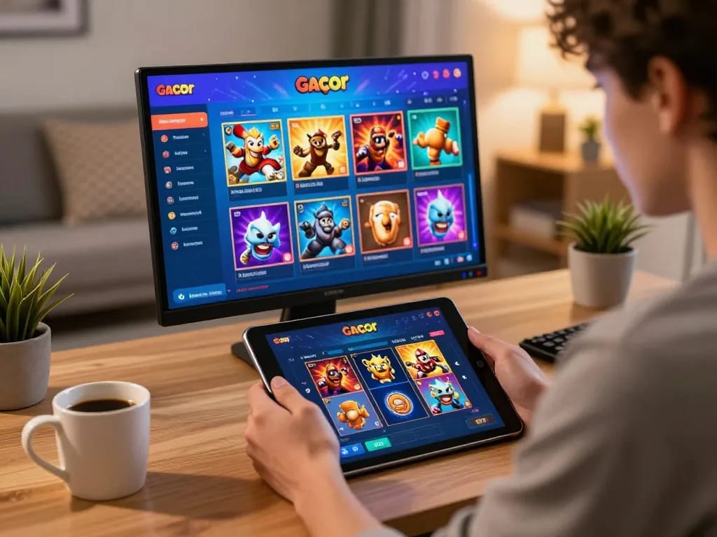 Player interacting with slot gacor game on tablet while enjoying coffee in modern setting