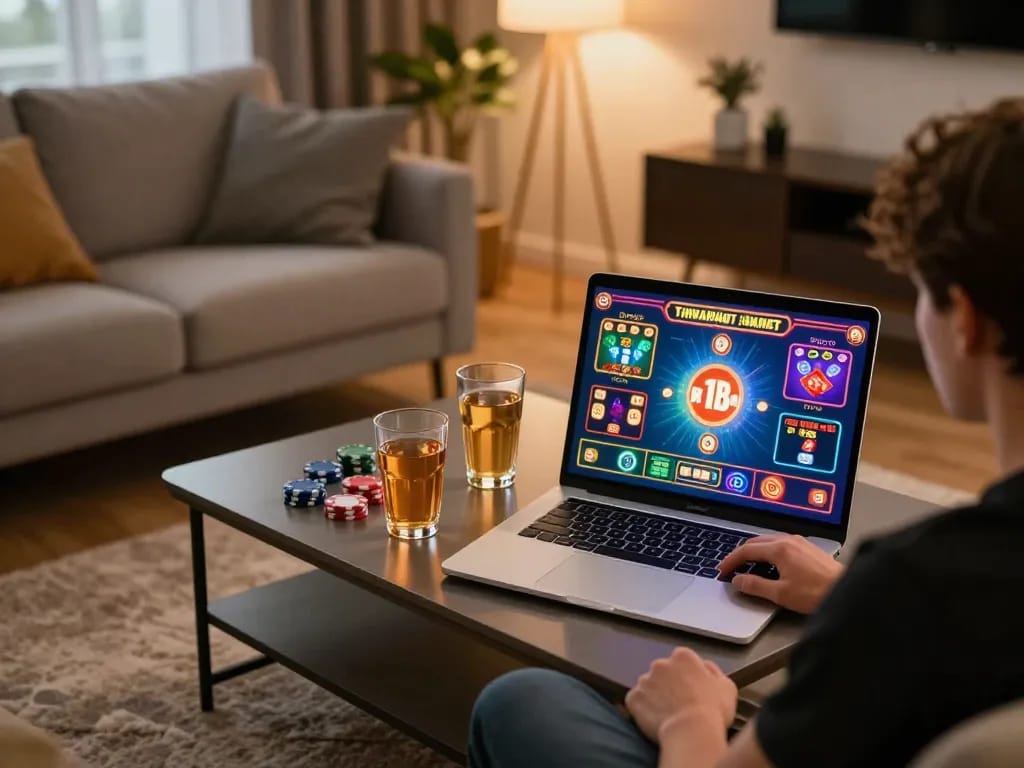O8 player placing bets during an online gaming session in a cozy setting