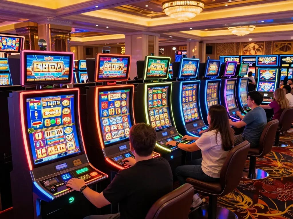 Players engaging with slot machines for a thrilling slot deposit 2k experience in a vibrant casino atmosphere.