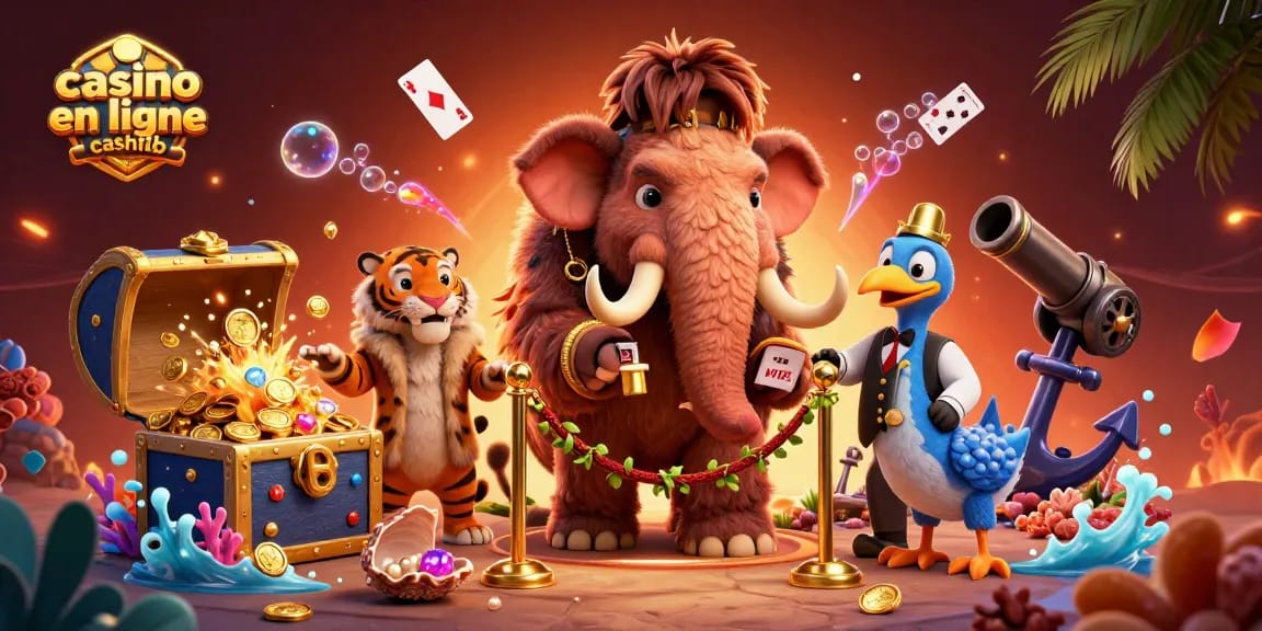 Casino en ligne cashlib : un mammouth gardien de casino, un tigre VIP en fourrure, un oiseau dodo à l'entrée.