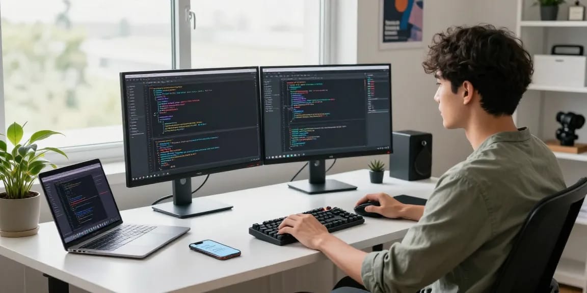 Innovative tech workspace showcasing a developer coding for 纸飞机中文版 with dual monitors and collaborative elements.