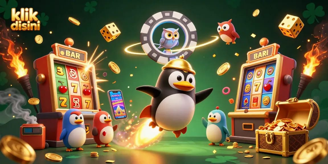 Klik disini untuk melihat ilustrasi slot dengan penguin emas mendorong mesin slot dalam gelombang cahaya dan koin.