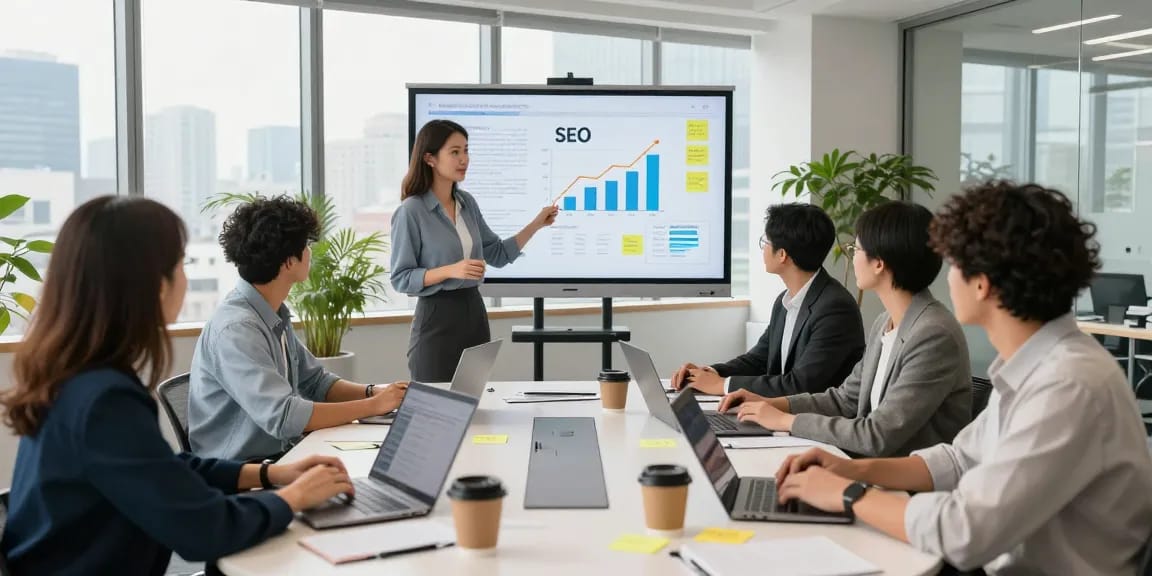 SEO team discussing strategies for Homge page links for boost in modern office