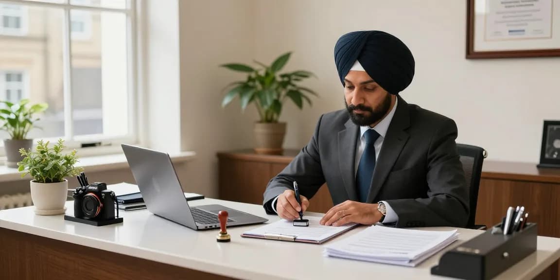 Notary public in Nottingham office with Gurjit Sanghera preparing documents for clients, showcasing professional services.